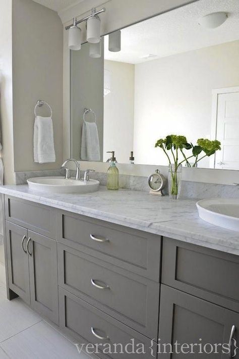 gray double bathroom vanity, shaker cabinets, frameless mirror, white oval vessel sinks, marble countertop. don't like sconces. #remodelideas #bathroommakeover Bathroom Cabinet Colors, Grey Bathroom Cabinets, Winter Retreat, Double Sinks, Grey Bathroom Vanity, Vanity Countertop, Trendy Bathroom, Bad Design, Grey Cabinets