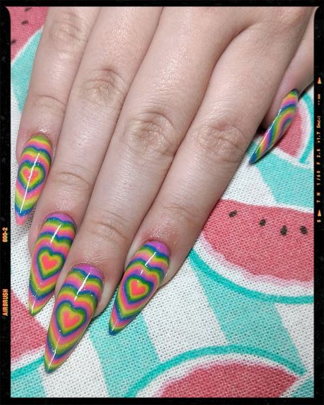 Acrylic Nails Rainbow Heart Nail Art, 90s Heart Nails, Rainbow Heart Nails, Conversation Heart Nails, Candy Heart Nails, Aesthetic Nails Ideas, Nails Ideas Short, Weird Valentines, Nail Art Idea