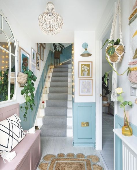 Blue White Hallway, Unusual Hallway Ideas, Cottage Hallway Decor, Hallway Decorating Blue, Colour Hallway, Blue And White Hallway, Pastel Hallway Ideas, Mint Hallway, Colourful Staircase