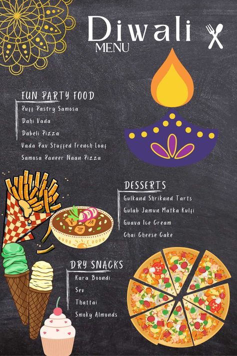 Diwali Party Menu Indian, Food Festival Decoration Ideas, Diwali Food Ideas Indian, Indian Party Menu Ideas, Diwali Menu Vegetarian, Easy Diwali Recipes, Diwali Menu Ideas, Diwali Food Decoration Ideas, Diwali Dinner Menu Ideas