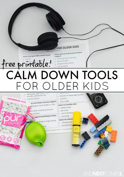 Calm down tools and toys for older kids from And Next Comes L Calm Down Box, Calm Down Kit, Emotions Activities, Calming Strategies, Calming Activities, Tools And Toys, Counseling Resources, Play Therapy, Emotional Regulation