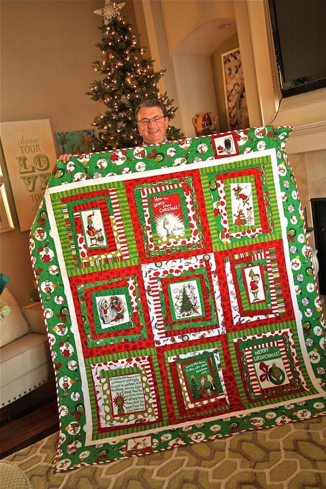 Not so grinch-y boy with a very Grinch-y Quilt... | HE LOVES… | Flickr Der Grinch, Christmas Quilt Patterns, Holiday Quilts, Winter Quilts, Grinch Stole Christmas, Personalized Quilt, Panel Quilts, Christmas Quilts, Christmas Sewing