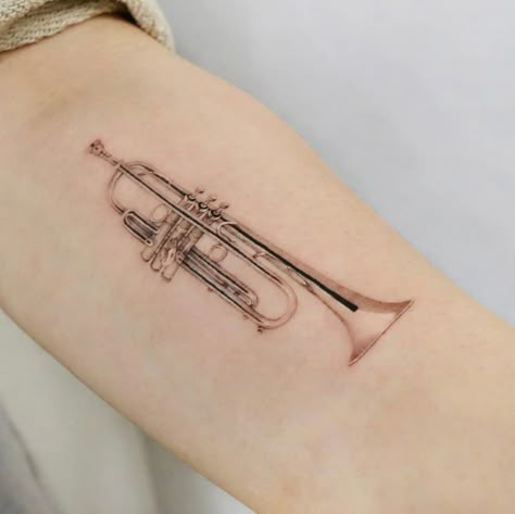 Trumpet Tattoo, Tattoo For Son, Detailed Tattoo, Symbolic Tattoos, Fine Line Tattoos, Line Tattoos, All Tattoos, Big Tattoo, Color Tattoo