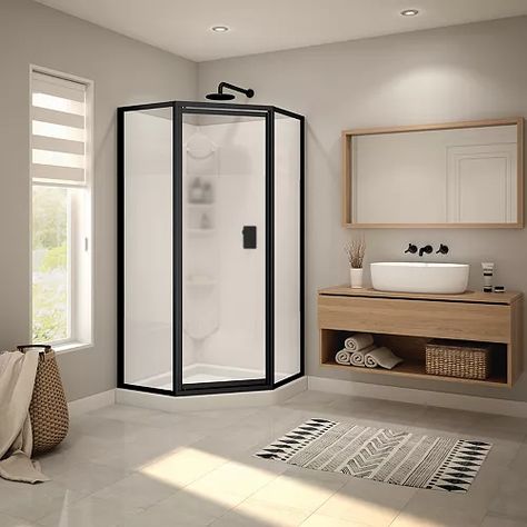 Summit 38W x 38L x 76.5H Neo-Angle Framed Pivot Corner Shower Kit in Matte Black Corner Shower Stalls, Secondary Bathroom, Shower Stall Kits, Corner Shower Doors, Corner Shower Kits, One Piece Shower, Shower Cabinets, Neo Angle Shower, Sophisticated Bathroom