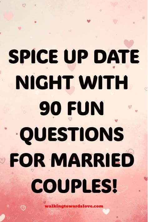 Looking to add some fun to your date nights? Gain deeper insights into your partner's mind with these 90 light-hearted ice breaker questions for married couples! From sharing childhood memories to discussing quirky preferences, these questions are sure to spark laughter and meaningful conversations. Strengthen your bond as you discover new things about each other and create lasting memories together. Whether you're snuggled up on the couch or enjoying a romantic dinner, let these questions bring Married Couple Date Night Questions, Fun Date Night Questions For Married Couples, Couple Date Questions, Couples Game Night Questions, Fun Marriage Questions, Questions For Married Couples Fun, Bonding Questions For Couples, Date Night Questions For Married Couples, Fun Date Questions