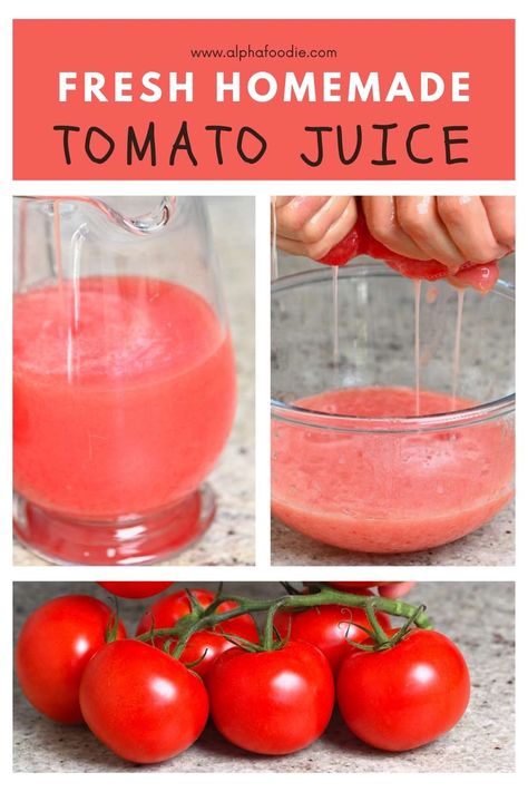 How to make tomato juice with and without a juicer with one of three methods: blending, grating, or a tomato juicer recipe. The resulting homemade tomato juice takes just minutes to prepare and is fresh, packed with flavor, and perfect for whipping up cocktails or storing for later! Fresh Tomato Juice Recipe, Homemade Tomato Juice, Tomato Juice Recipes, Homemade Juices, Cold Drinks Recipes, Homemade Juice, Homemade Chips, Juicer Recipes, Juice Recipes