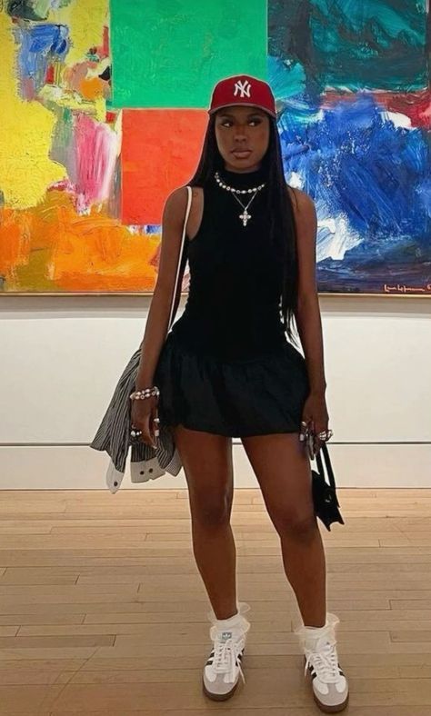 Skirt With Hat Outfit, Black Women Streetwear Summer, Casual Outfits With Sneakers Black Women, Birthday Girl Outfit Black Women, Ootd Black Girls Outfit, Black Fits Black Women, Mini Golf Date Outfit Casual, Black College Girl Outfits Ideas, Puff Skirt Outfit Black Women