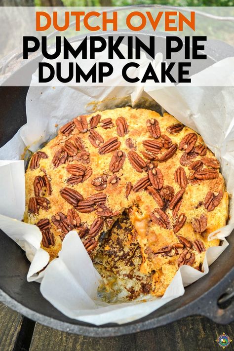 Need a great fall camping recipe? Try out this Pumpkin Pie Cake. This campfire dump cake recipe is made in the Dutch Oven. Dutch Oven Pumpkin Dump Cake, Dutch Oven Dump Cake, Pumpkin Pie Dump Cake, Dutch Oven Cobbler, Dutch Oven Desserts, Dutch Oven Recipes Cast Iron, Campfire Cake, Pumpkin Cobbler, Pumpkin Pie Cake