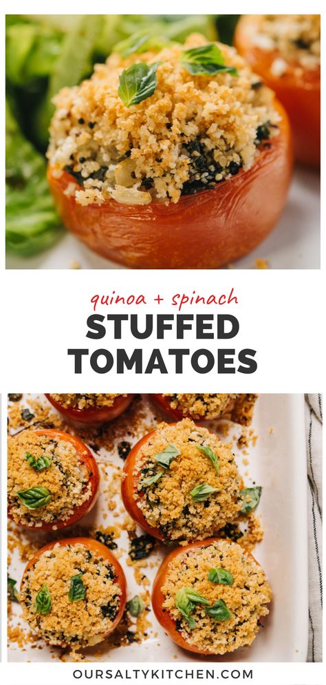 Season Quinoa, Spinach Stuffed Tomatoes, Health Salad Recipes, Quinoa And Spinach, Baked Tomato Recipes, Spinach Bread, Quinoa Spinach, Quinoa Burgers, Stuffed Tomatoes