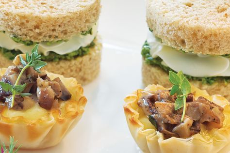 These savory Mushroom Brie Phyllo Cups are pictured with Arugula, Pecan, Pesto, and Goat Cheese Tea Sandwiches. Brie Phyllo Cups, Mushroom Phyllo, Brie Phyllo, Cheese Tea Sandwiches, Mushroom Brie, Pesto And Goat Cheese, Pecan Pesto, Cheese Tea, Honey Wheat Bread