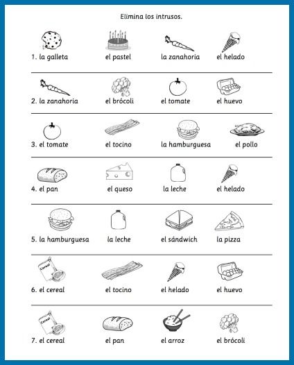 Students identify which word does not belong in the set of food vocabulary. Spanish Food Vocabulary, Worksheets In Spanish, Spanish Basics, Learn Spanish Online, Spanish Lessons For Kids, Food Vocabulary, Spanish Worksheets, Elementary Spanish, Spanish Activities