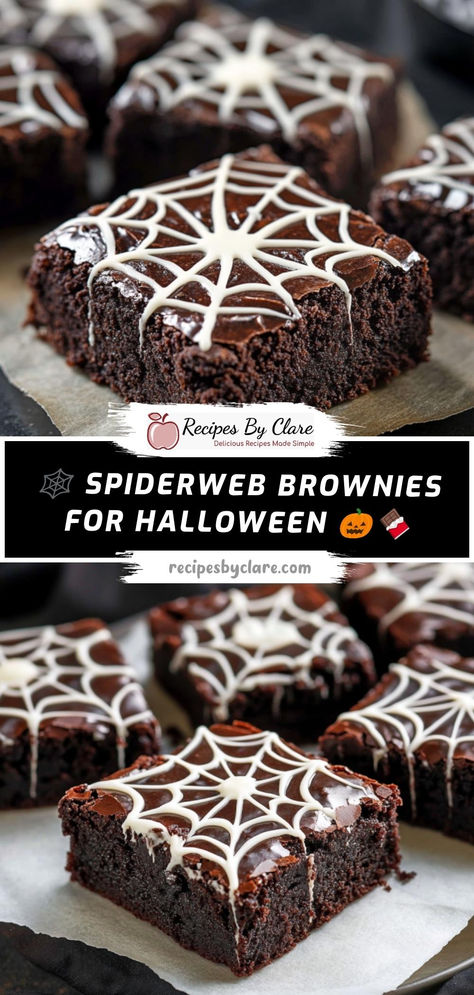 Rich, gooey brownies topped with a spooky spiderweb made of white chocolate—perfect for Halloween gatherings!  Ingredients:  ½ cup unsalted butter 1 cup granulated sugar ⅓ cup unsweetened cocoa powder ¼ cup white chocolate chips 1 tsp vegetable oil  Deliciously fudgy brownies with a fun spiderweb decoration, ideal for adding a spooky touch to your Halloween dessert table! Brownie Recipes Halloween, Halloween Desserts Brownies, Halloween Brownie Recipes, Halloween Brownies Ideas, Spiderweb Brownies, Spider Brownies, Spider Web Brownies, Brownies For Halloween, Halloween Vegetables