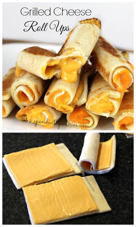 Grilled Cheese Roll Ups!  Melty cheese rolled up in bread and cooked crispy! Grilled Cheese Roll Ups, Grill Cheese Roll Ups, Grilled Cheese Rolls, Cheese Roll Ups, Snack Sani, Cheese Roll, Cheesecake Dip, Creative Snacks, Spend With Pennies