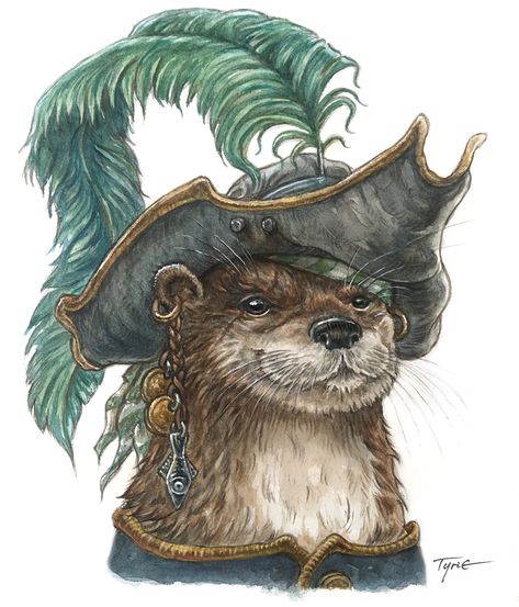 Otter pirate. Watercolour by Tyrie Otter Folk Dnd, Otter Dnd Character, Pirate Dog Art, Otter Character, Otter Drawing, Mouse Guard, Animal Illustration Art, Spirit Animal Art, Pirate Art