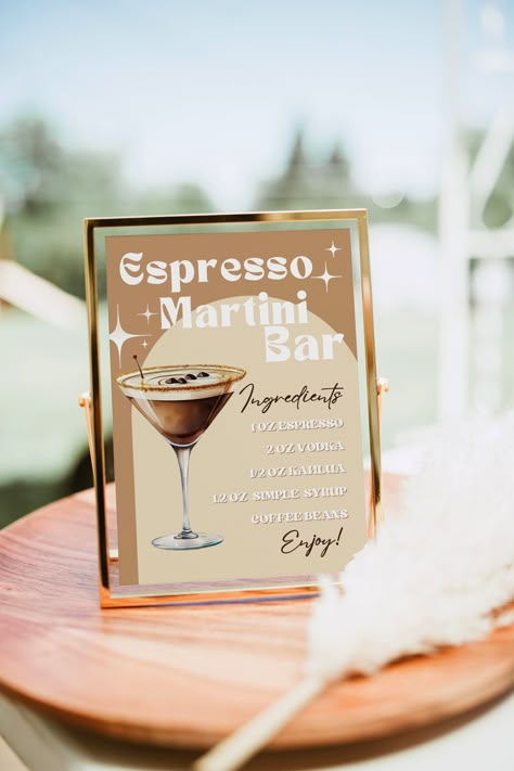 "Espresso Martini Sign Template is fully editable in Canva to easily change text, fonts, colors, pictures and more. Perfect for Wedding Bar sign, Bridal shower, baby shower, party drink sign, bar cart decor and more.  This is a digital product, nothing will be shipped. This download includes: 1. Signature Drinks Bar Menu Sign 2.  How To Guide PDF *Canva also includes 1000s of Graphics / Photos / Fonts to customize your template -HOW IT WORKS- 1. After purchase download How To Guide PDF and acces Martini Bar Party, Espresso Martini Bar, Expresso Martini, Espresso Martini Cocktail, Martini Party, Retro Bar Cart, Bar Menu Template, Bridal Shower Inspo, Martini Bar