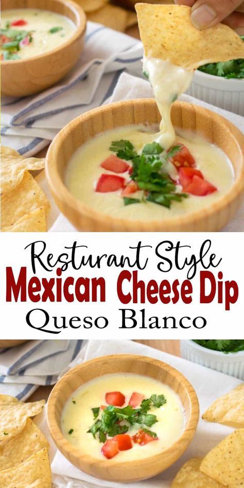 The Best Restaurant Quality Mexican Cheese Dip recipe! With just 3 ingredients, this is the authentic queso blanco dip recipe that you get at Mexican restaurants. Perfect for nachos, enchiladas, and dipping! Authentic Queso, Mexican Cheese Dip Recipes, Mexican Cheese Dip, Queso Blanco Recipe, Mexican White Cheese Dip, Mexican White Cheese, Queso Blanco Dip, Cheese Dip Mexican, White Cheese Dip