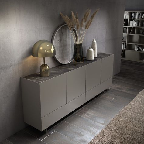 Aparador moderno con tapa porcelanica compuesto por 4 puertas y dos cajones con base de patas metálicas Contemporary Interior Design Living Room, Sideboard Ideas, Contemporary Sideboard, Furniture Design Inspiration, Casa Country, Luxury Dining Room, Living Room Design Decor, Sideboard Designs, Contemporary Interior Design