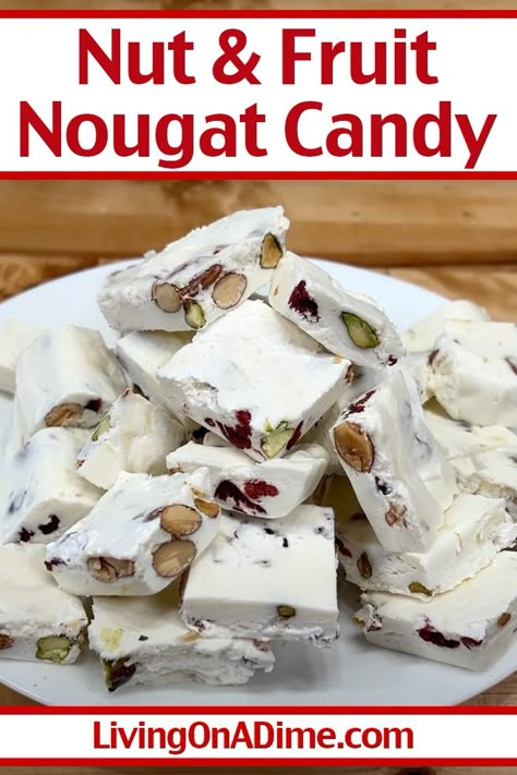 Easy Nougat Candy Recipes: Brach’s-Inspired Christmas Candy at Home! - Living On A Dime Nougat Candy Recipes Easy, Nougat Candy Recipes, Christmas Nougat, Nougat Recipe, Nougat Candy, Gluten Free Marshmallows, Fruit Christmas, Easy Candy Recipes, Living On A Dime