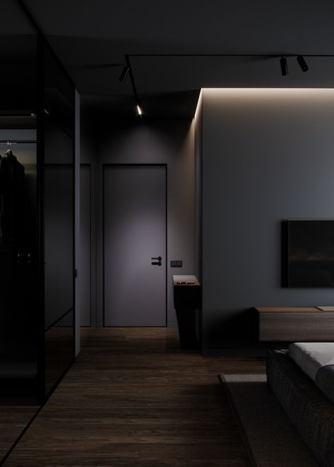 Moody Home Decor Dark Interiors, Dark Theme Apartment, Dark Minimalist Home Decor, Dark Minimalist Interior Design, Dark Minimalist Interior, Dark Minimalist Home, Dark Minimalist Living Room, House For Big Family, Minimalist Bedroom Dark