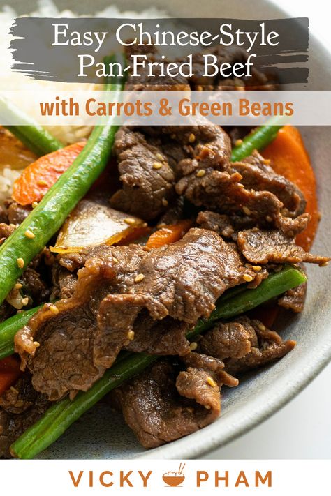 Looking for a quick and easy weeknight meal? Try this Chinese-style pan-fried marinated beef that can be on the table in just 20 minutes. This stir fry recipe features thinly sliced beef, carrots and green beans. Steak And Green Beans Stir Fry, Beef And Green Bean Stir Fry, Thinly Sliced Beef Recipes, Beef And Green Beans Recipe, Sliced Beef Recipes, Fry Ideas, Steak And Green Beans, Beef Stir Fry Recipes, Carrots And Green Beans