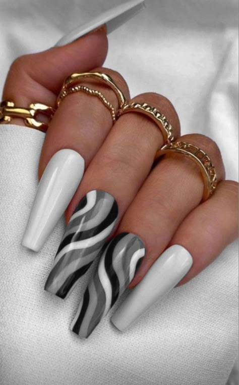 Black White And Grey Nails, Ballerina Acrylic Nails, Black And White Nail Designs, Black White Nails, Grey Nails, White Coffin Nails, Nail Art For Beginners, Nails Colors, Gray Nails