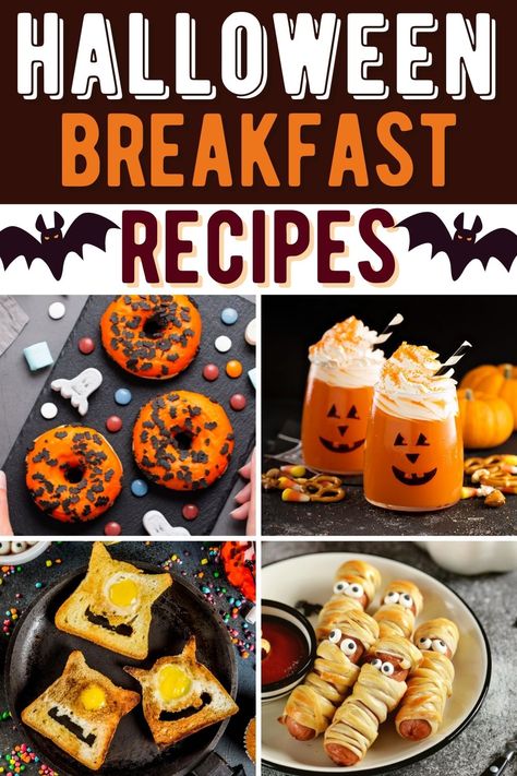 Halloween Party Food Breakfast, Halloween Food Ideas Breakfast, Halloween Theme Breakfast Ideas, Breakfast Halloween Ideas, Halloween Themed Brunch Food, Halloween Inspired Breakfast, Breakfast Ideas For Halloween, Fun Halloween Breakfast Ideas, Halloween Breakfast Recipes