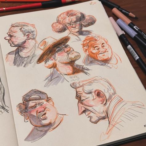 Alex on Instagram: "Quick head studies. Experimenting a little bit with different tools. I enjoyed doing these :) The ones on the left are from last night. I used a black prismacolor pencil. The ones on the right where done with tombow markers. I like using these because the ink doesn’t bleed to the back side of the page. . . #sketch #sketching #earthsworld #draw #drawing #people #portrait #practice #sketchbook #art #artist #instaart #fabercastell #fabercastellpolychromos #tombow #markers" Copic Marker Sketch, Alcohol Marker And Colored Pencil, Marker Character Art, Tombow Marker Art, Animations References, Sketch Markers Drawing, Sketchbook People, Marker Sketching, Tombow Art