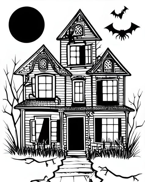 Haunted House Sketch Easy, Haunted Houses Drawing, Haunted House Drawing Easy, Haunted Mansion Drawing, Haunted House Template, Haunted House Drawing, Simple House Drawing, Horror Drawing, House Colouring Pages