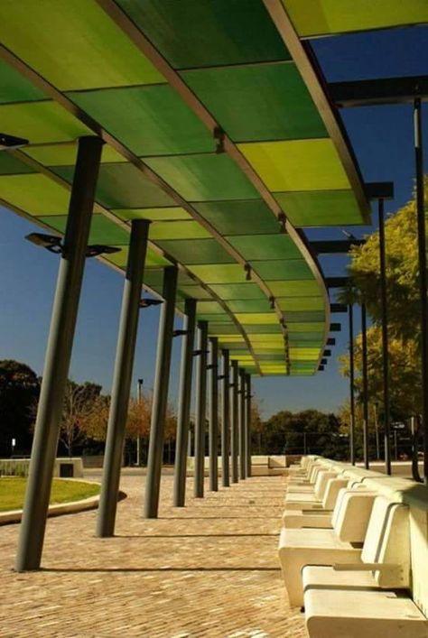 Covered Walkway, Landscape Structure, Diy Canopy, Public Seating, Patio Canopy, Renzo Piano, Landscape Architecture Design, Urban Furniture, Public Places