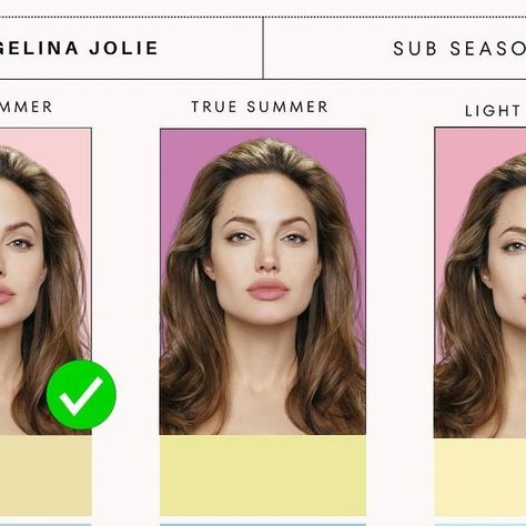 Online Personal Stylist & Colour Consultant on Instagram: "Angelina Jolie is a Soft Summer. ✅ Understanding your sub-season is crucial to discovering which colours work best for you within your season. She is a great example illustrating how colours within your season can be most flattering once you know your sub-season. Angelina can wear all colours in the Summer season, but she looks her best in Soft Summer shades. To explore and understand your sub-season, this is included in all my packages. For discovering your ideal colours, please visit my website and hit follow for more colour tips. @imageconsultantmaidenhead" Angelina Jolie Soft Summer, Colour Consultant, Summer Shades, Soft Summer, Light Summer, Angelina Jolie, Summer Season, Personal Stylist, Understanding Yourself