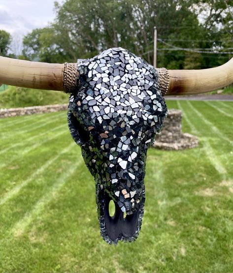 Cow Skull Bedazzled, Diy Cow Skull Ideas, Longhorn Skull Art, Cow Skull Wall Decor, Animal Skull Decor, Cow Skull Art, Glass Overlay, Skull With Horns, Skull Wall Decor