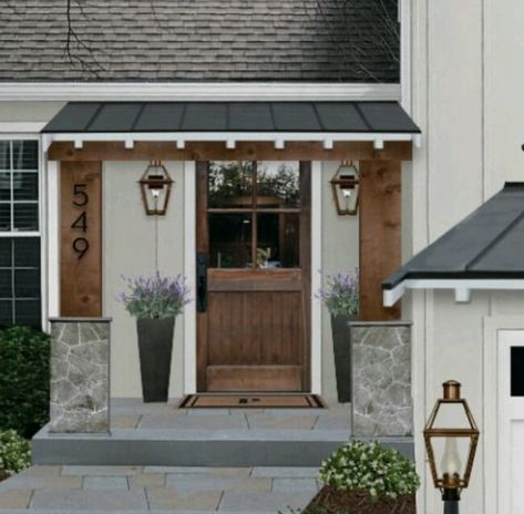 Covered Entryway Exterior Farmhouse, Front Awning Ideas Entrance, Covered Front Door Entrance, Covered Entryway Exterior, Stone Portico Front Entrances, Side Porch Entrance, Flat Roof Porch Entrance, Portico Entry On Ranch, Wooden Door Canopy Front Porches