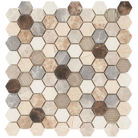 Esker Windrift Hexagon Marble and Glass Tile This exquisite new selection from our Esker Collection, composed of Dark Emperador, Light Brown & Crema Marfil marble, is paired with polished Metallic Gold glass to create endless design possibilities, from contemporary to classic, and will serve as a great focal point to suit a variety of settingsThe mesh backing not only simplifies installation, it also allows the tiles to be separated which adds to their design flexibilityNatural stones are produc Cream Backsplash, Emperador Light, Hexagon Tile Backsplash, Crema Marfil Marble, Cream Tile, Hexagon Floor, Brown Tile, Dark Emperador, Beige Tile