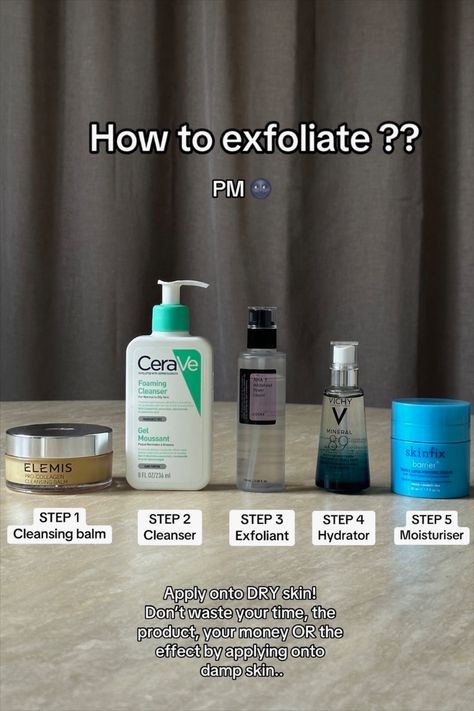 Evening Exfoliating Skincare Routine for all Skin Types. Step 1 cleansing balm. Step 2 cleanser. Step 3 exfoliant. Step 4 hydrator. Step 5 moisturiser. Apply onto dry skin! Dont waste your time, the product, your money OR the effect by applying onto damp skin Exfoliate Skincare, Exfoliating Skincare, Skin Care Hyperpigmentation, Skin Exfoliator, Textured Skin, Don't Waste Your Time, Good Skin Tips, Skincare Routines, Elemis Pro Collagen