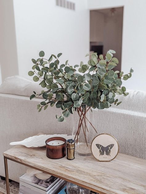 Faux Eucalyptus Decor, Decorating With Eucalyptus Branches, Eucalyptus Coffee Table Decor, Faux Eucalyptus, Eucalyptus Bouquet Vase, Fake Eucalyptus In Vase, White Vase With Eucalyptus, Clear Glass Vases Decor Ideas Eucalyptus, Faux Eucalyptus Vase