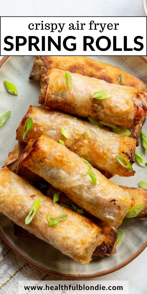 These extra crispy air fryer spring rolls are so easy to make and packed with a flavorful ground chicken filling. They're lighter, healthier, and even crispier than traditional deep-fried ones. Perfect as an appetizer or side dish! You can use other meats like ground pork, ground turkey, or ground beef. You can even make these spring rolls vegetarian and vegan with tofu or extra mushrooms. Easy and healthy appetizer! Fried Spring Rolls Vegetarian, Oven Baked Spring Rolls, Air Fried Egg Rolls, Spring Roll Wrapper Recipes, Meat Spring Rolls, Pork Spring Rolls Recipe, Spring Rolls Vegetarian, Spring Rolls Chicken, Air Fryer Spring Rolls