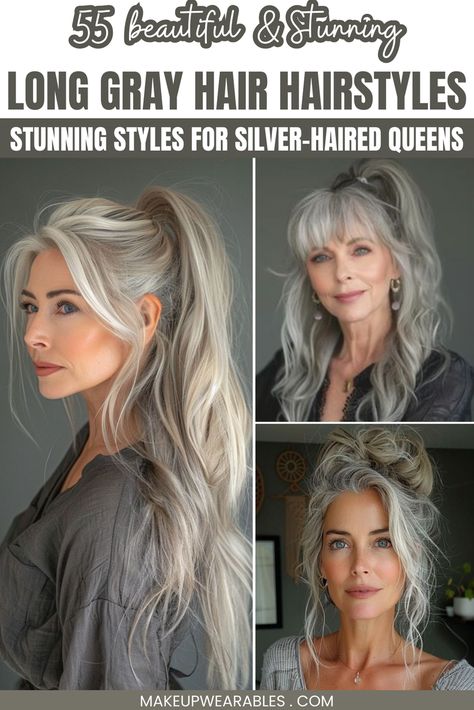 Long Gray Hair Hairstyles for a Sophisticated, Timeless Look Grey Hair With Extensions, Long Grey Hair Styles For Women, Long Gray Hair Over 40, Natural Long Grey Hair, Long Gray Hairstyles For Women Over 50, Long Grey Hairstyles, Long Curly Silver Hair, Long Grey Hair Older Women, Long Silver Hair Older Women