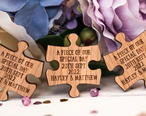 Wedding ideas for wedding reception decor - personalised wedding tags and wedding styling from Manta Makes. Beautiful tags engraved onto wood. Shop Manta Makes on Etsy for all your Eco wedding ideas. Puzzle Decorations, Table Favours, Jigsaw Piece, Wedding Ideas On A Budget, Wedding Favor Table, Wedding Puzzle, Favours Wedding, Keepsake Wedding, Favour Boxes