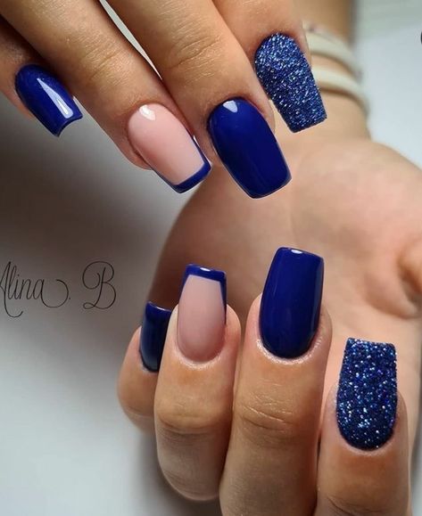 Blue Nails With Silver Accent Nail, Colored Nail With French Tip, Square Acrylic Nails Designs Trendy, Blue Nail Designs Short Nails, Gel Dipped Nails, Fucsia Nails Design, Blue Elegant Nails, Blue Fancy Nails, Blue Dipped Nails