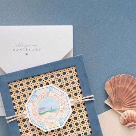 T P D DESIGN HOUSE on Instagram: "We love everything about NANTUCKET, especially weddings! Loved this save the date made of actual cane and velvet adorned with a hand painted sailors valentine by the mother of the bride ☺️ ⚓️ 🌊 Photo @corbingurkin Styling @_shiramisu . . . #savethedate #nantucket #eventbranding #wedding #diecutting #lasercutting #custominvitations #tpddesignhouse #invitationdesign #nantucketwedding #guestexperience #cane" Wedding Design Graphic, Penelope Bourbon, Nantucket Wedding Invitations, Preppy Wedding Invitations, Wedding Graphic Design, Nantucket Wedding, Preppy Wedding, Sailors Valentine, D Design