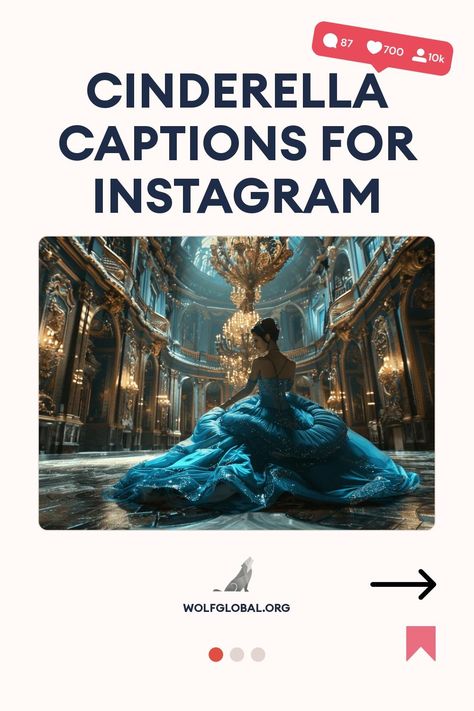 Promotional graphic for "Cinderella Captions for Instagram" with an image of a woman in a blue gown.
Graphic with cheeky Cinderella-themed phrases and a call-to-action button for more content.
Woman with laptop surrounded by social media icons advertises Instagram engagement service. Cinderella Instagram Captions, Cinderella Captions For Instagram, Cinderella Captions, Princess Captions For Instagram, Magic Scroll, Royal Words, Cinderella Quotes, Captions For Instagram Posts, Aesthetic Captions