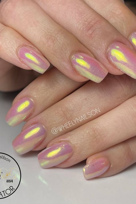 21 Awesome Ways to Wear Chrome Nails This Season | Polish and Pearls Dip Nail Ideas With Chrome, Pink Opal Chrome Nails, Dipping Nail Designs, Chrome Combination Nails, Summer Chrome Nails Colors, Spring Chrome Nails 2023, Acrylic Nail Designs Chrome, Summer Nails With Chrome, Irridescent Nails Pink