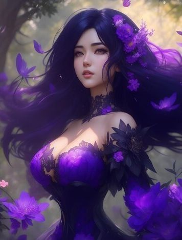 Black Hair Violet Eyes, Forest Fairy Dress, Lich Queen, Moon Spinners, Girl With Long Black Hair, Long Purple Hair, Girl With Purple Hair, Anime Purple Hair, Floral Pictures