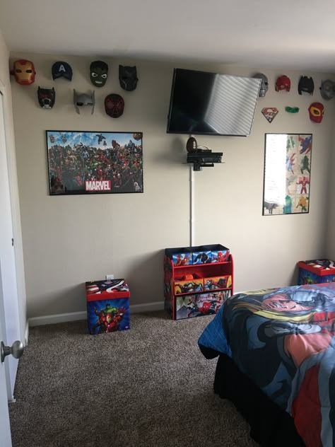 Masks On Wall, Design A Superhero, Toddler Boy Room Themes, Avengers Room, Boy Room Themes, Spiderman Room, Marvel Room, Toddler Boy Room Decor, Boy Toddler Bedroom