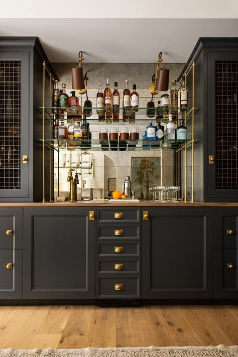 Jean Stoffer Design, Jean Stoffer, Home Wet Bar, Home Bar Rooms, Mirror Backsplash, Built In Bar, Home Bar Designs, Dry Bar, Bar Room