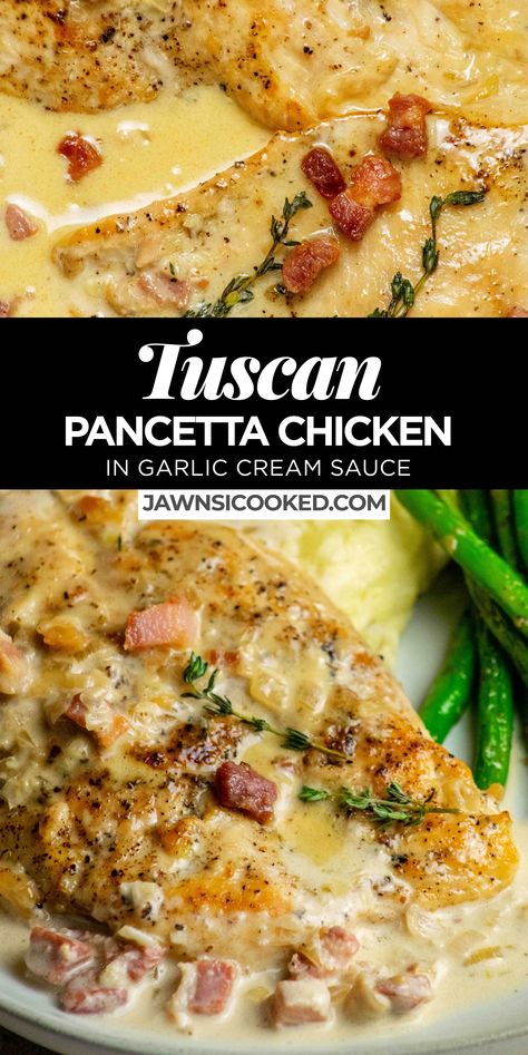 This delicious Tuscan Pancetta Chicken recipe combines tender, well browned chicken breast, delicious porky pancetta, and an herb garlic cream sauce, for a restaurant quality meal you can make any night of the week! Meat Dish Recipes, Meals With Pancetta, Keto Pancetta Recipes, Chicken Pancetta Pasta, Chicken With Bechamel Sauce, Pancetta Chicken Recipes, Chicken Italiano Recipe, Chicken And Pancetta Recipes, Romantic Dinner Recipes Chicken