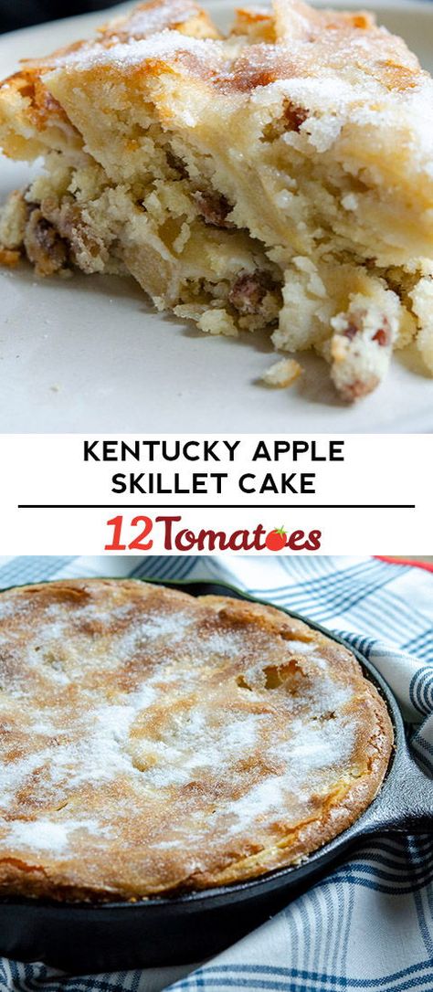 Kentucky Apple Skillet Cake - There are cakes with layers upon layers and perfectly piped frosting, but this is not that kind of cake. No, this is an ‘everyday’ kind of cake. The kind of cake that you mix up quick and then bake in a single dish (in this case a skillet), but thanks to its fruit-studded nature, a kiss of Kentucky bourbon, and crackly sugared top, it doesn’t taste any less special. Kentucky Apple Cake, Apple Skillet, Skillet Desserts, Book Woman, Cake Apple, Skillet Cake, Mind Heart, 12 Tomatoes, Orange Cake