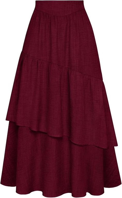 Dark Red Clothes, Tiered Long Skirt, Flowy Clothes, Asymmetrical Tiered Skirt, Red Long Skirt, Long Tiered Skirt, Victorian Skirt, Flowy Skirts, Designer Skirt