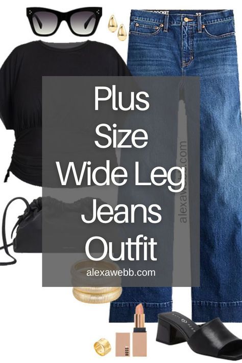 How to Wear Plus Size Wide Leg Jeans - A plus size casual outfit idea with wide leg jeans and a cropped top. How To Wear Wide Leg Cropped Jeans, Wide Leg Jeans Curvy, Plus Size Boyfriend Jeans Outfit, Plus Size Wide Leg Jeans Outfit, Wide Leg Jeans Outfit Plus Size, High Rise Wide Leg Jeans Outfit, Wide Leg Black Jeans Outfit, Plus Size Wide Leg Jeans, Wide Leg Jeans Winter