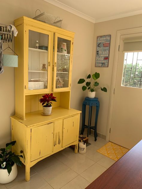 Yellow Chalk Paint Furniture, Yellow China Cabinet, Yellow Chalk Paint, China Cabinet Redo, Laundry Cupboard, 2023 Vibes, Homemade Chalk Paint, Antique Furniture Restoration, Orange Furniture